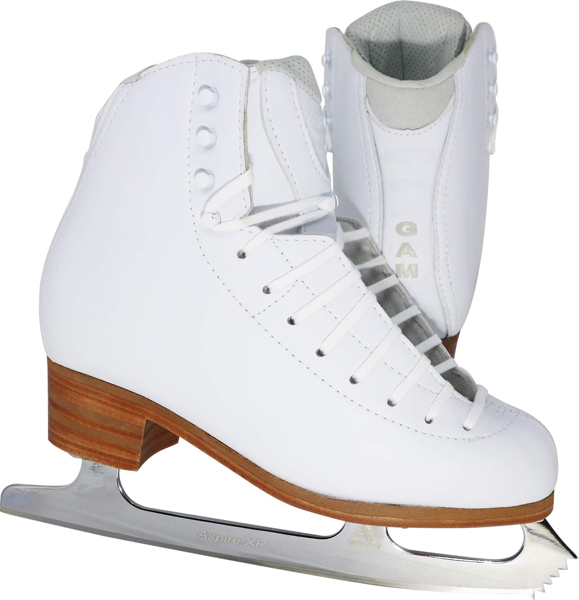 White GAM Podium 580 figure skates with Ultima Aspire XP blades, front and rear views