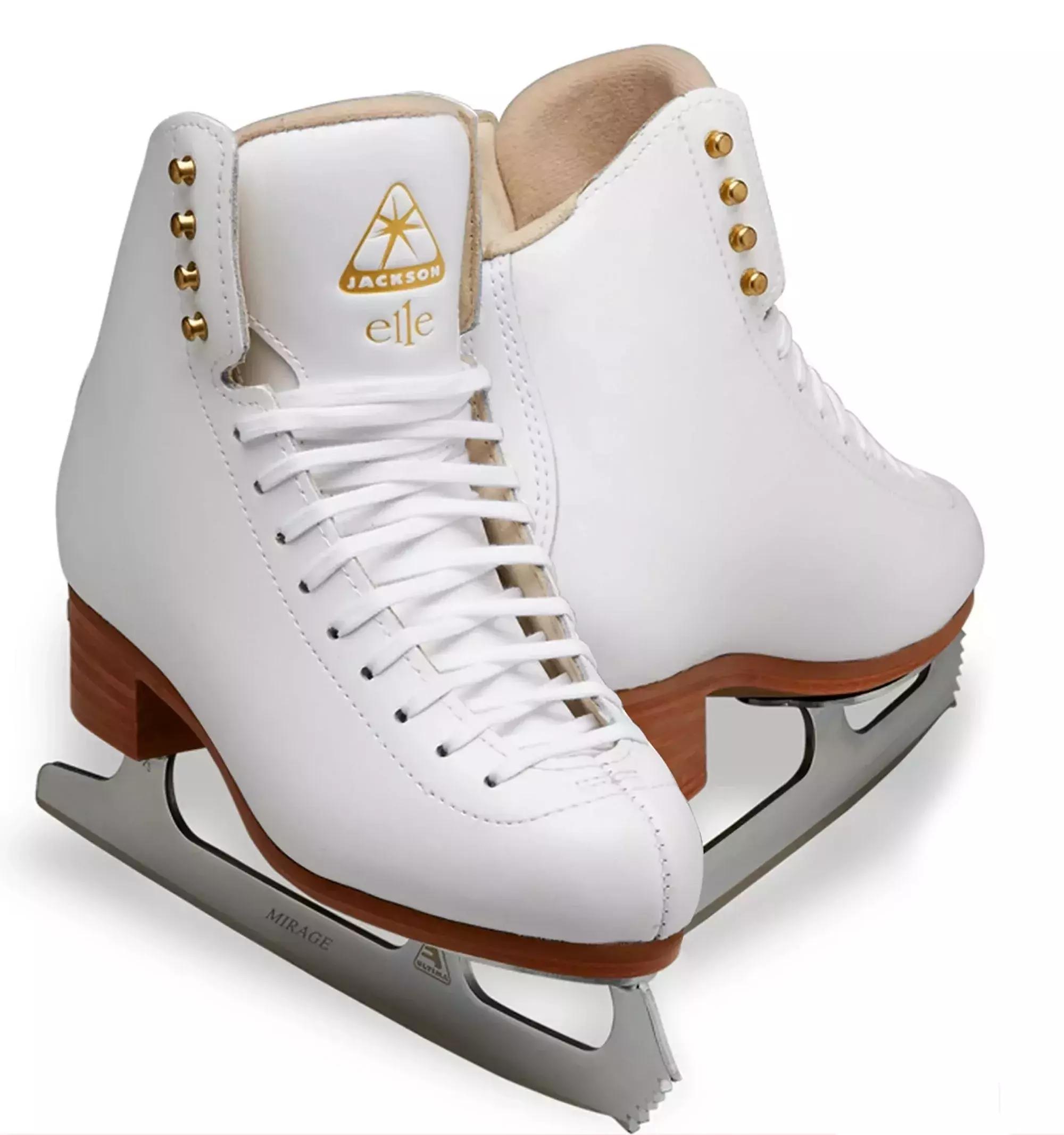 Jackson Ultima Elle DJ2130 white figure skates with gold elle tongue logo, tan LCL sole and Ultima Mirage blade