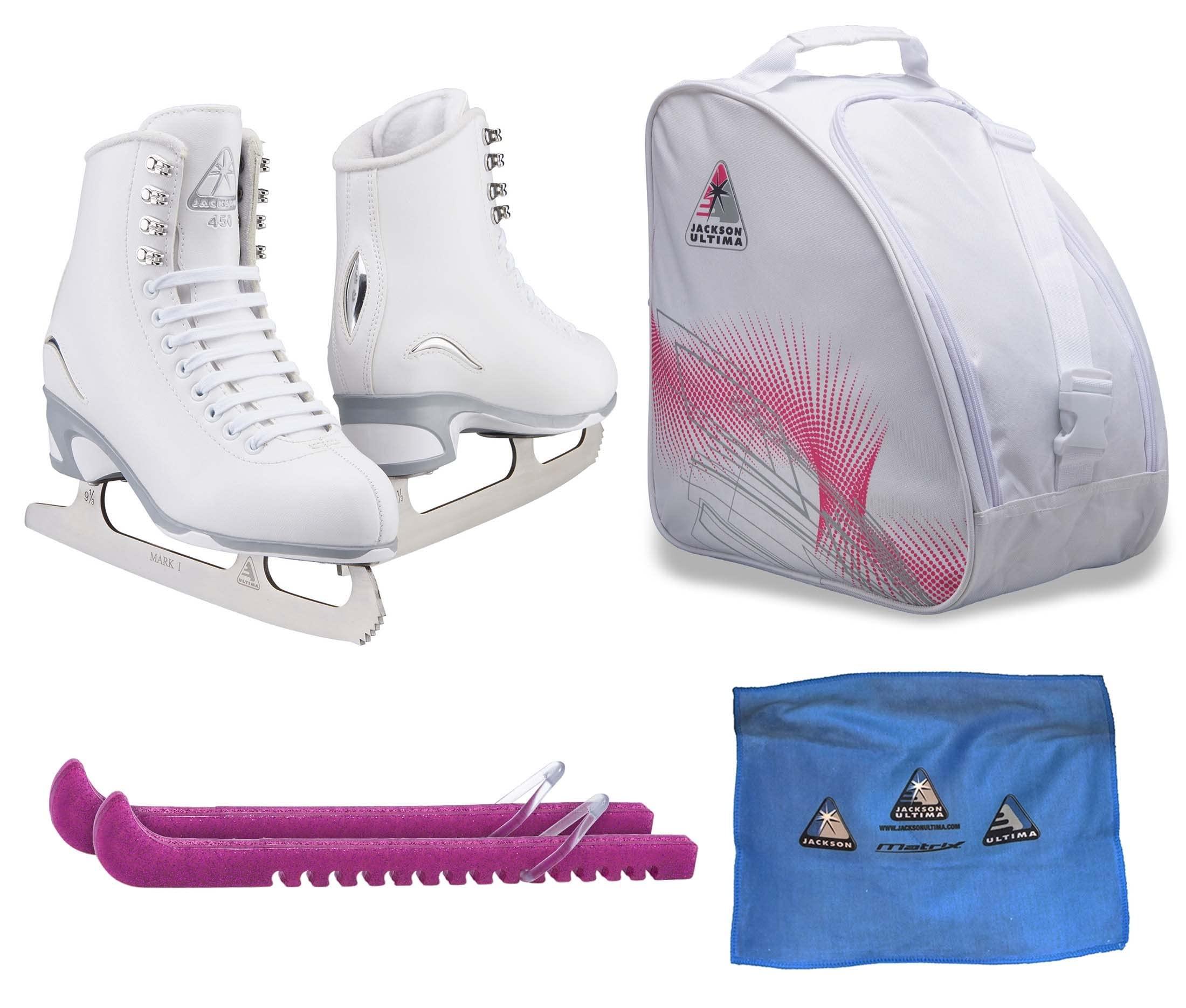 Jackson Finesse JS450 Ice Skate Bundle — White — Guardog 837 guards + Pink skate bag + towel Jackson Ultima Figure Ice Skates Finesse JS450 / Medium to Wide/Adult 4 Bundle with Bag, Guardog Skate Guards, Towel