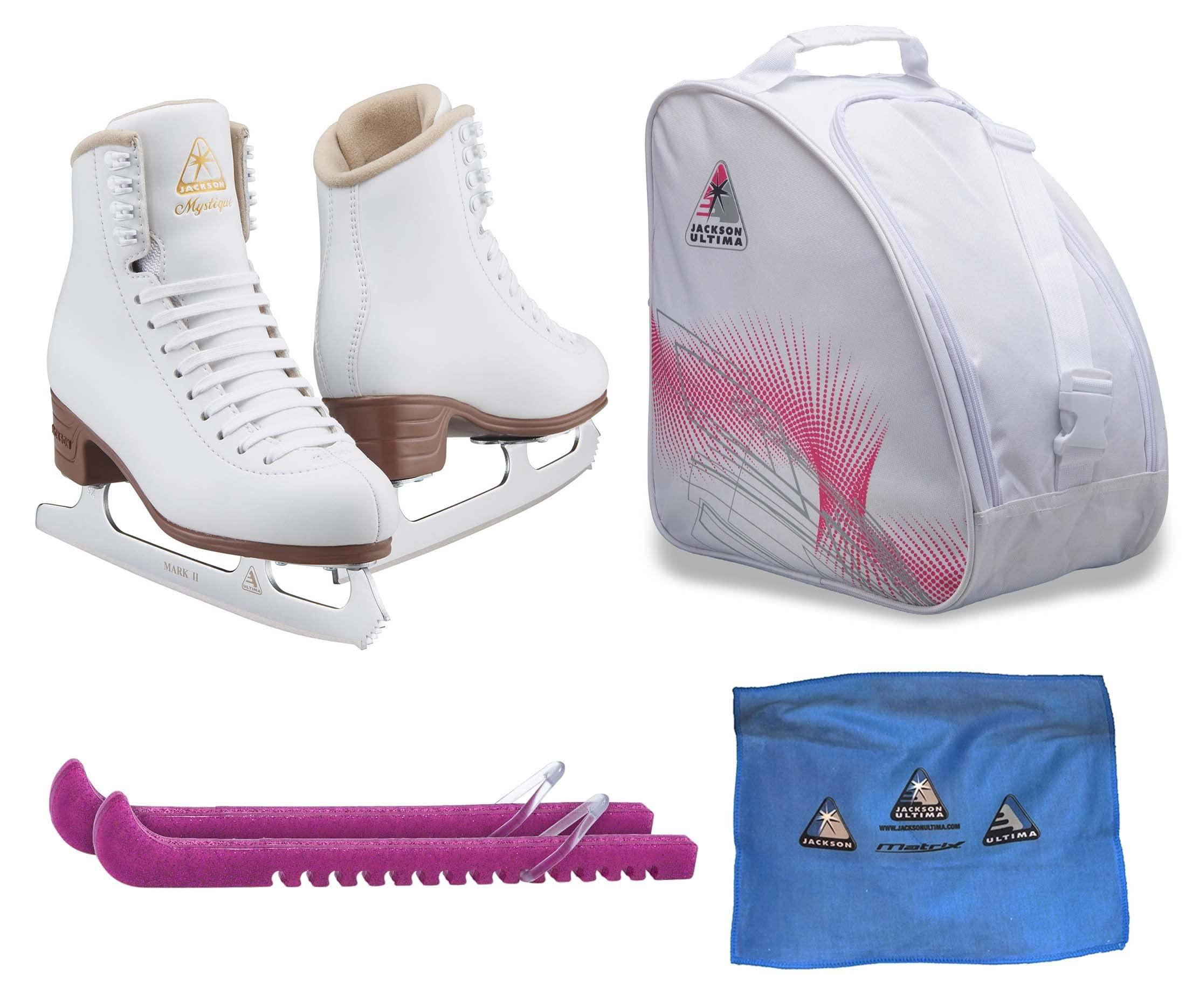 Jackson Mystique women Ice Skate Bundle — White — Guardog 837 guards + Pink skate bag + towel Jackson Ultima Figure Ice Skates Mystique JS1490 / Medium to Wide/Adult 4 Bundle with Bag, Guardog Skate Guards, Towel