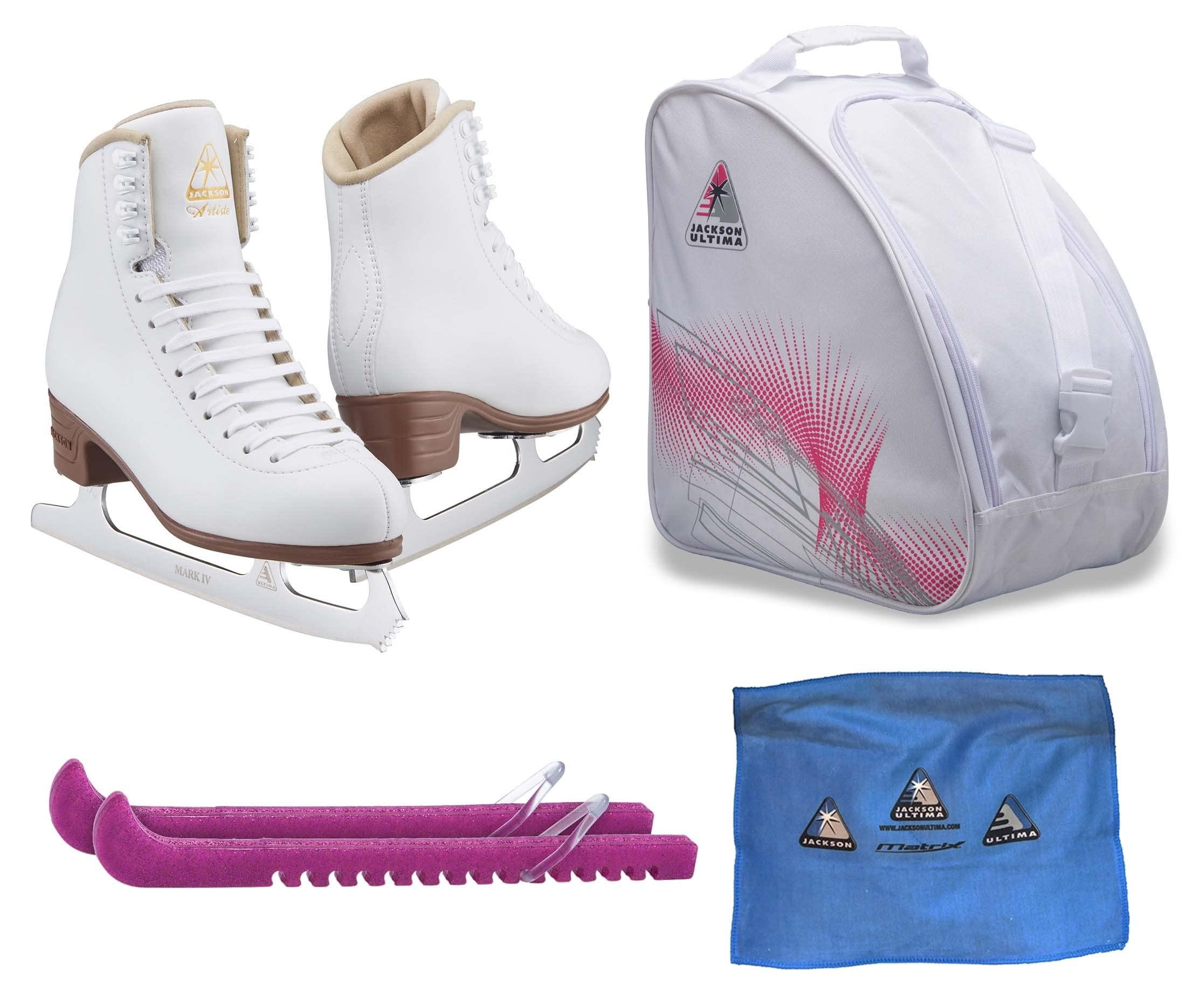 Jackson Artiste women Ice Skate Bundle — White — Guardog 837 guards + Pink skate bag + towel Jackson Ultima Figure Ice Skates Artiste JS1790 / Narrow/Adult 4 Bundle with Bag, Guardog Skate Guards, Towel