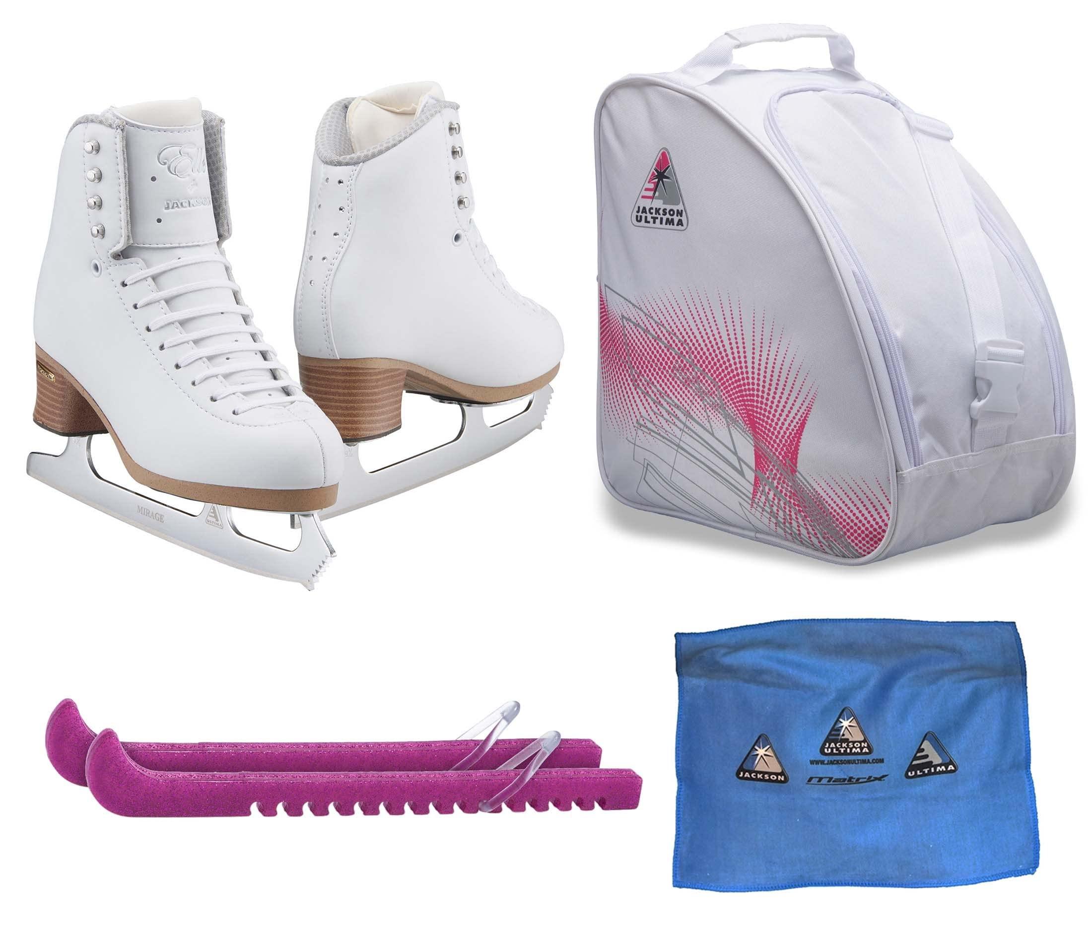 Jackson Elle Ice Skate Bundle — White — Guardog 837 guards + Pink skate bag + towel Jackson Ultima Figure Ice Skates ELLE FS2130 / Narrow/Adult 4 Bundle with Bag, Guardog Skate Guards, Towel