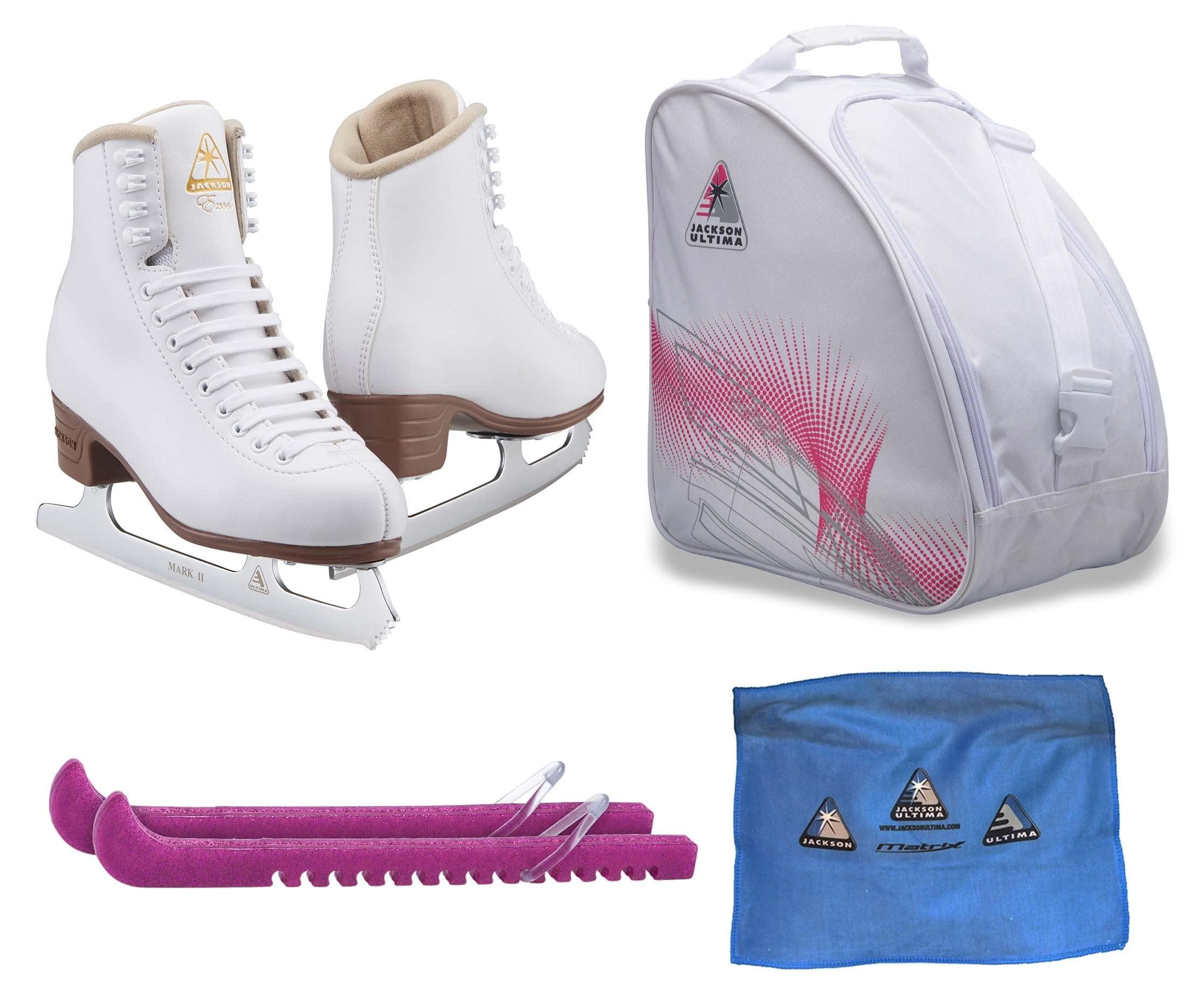 Jackson Excel Ice Skate Bundle — White — Guardog 837 guards + Pink skate bag + towel Jackson Ultima Figure Ice Skates EXCEL JS1290 / Medium to Wide/Adult 4 Bundle with Bag, Guardog Skate Guards, Towel