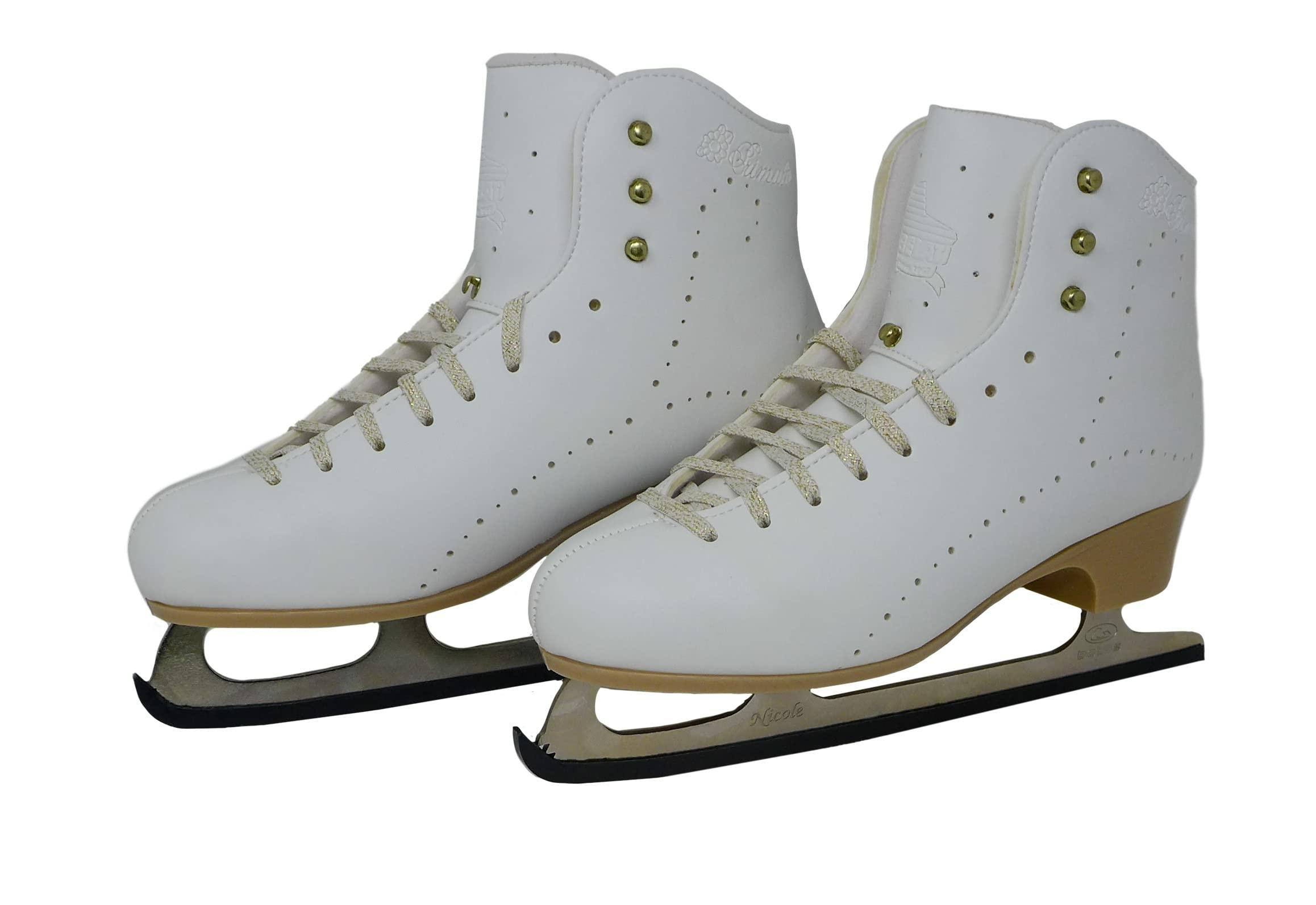 Belati Primula Women’s Figure Ice Skates Made in Italy 325 Belati Primula beginner figure skates in white with beige soles and Botas Nicole blades