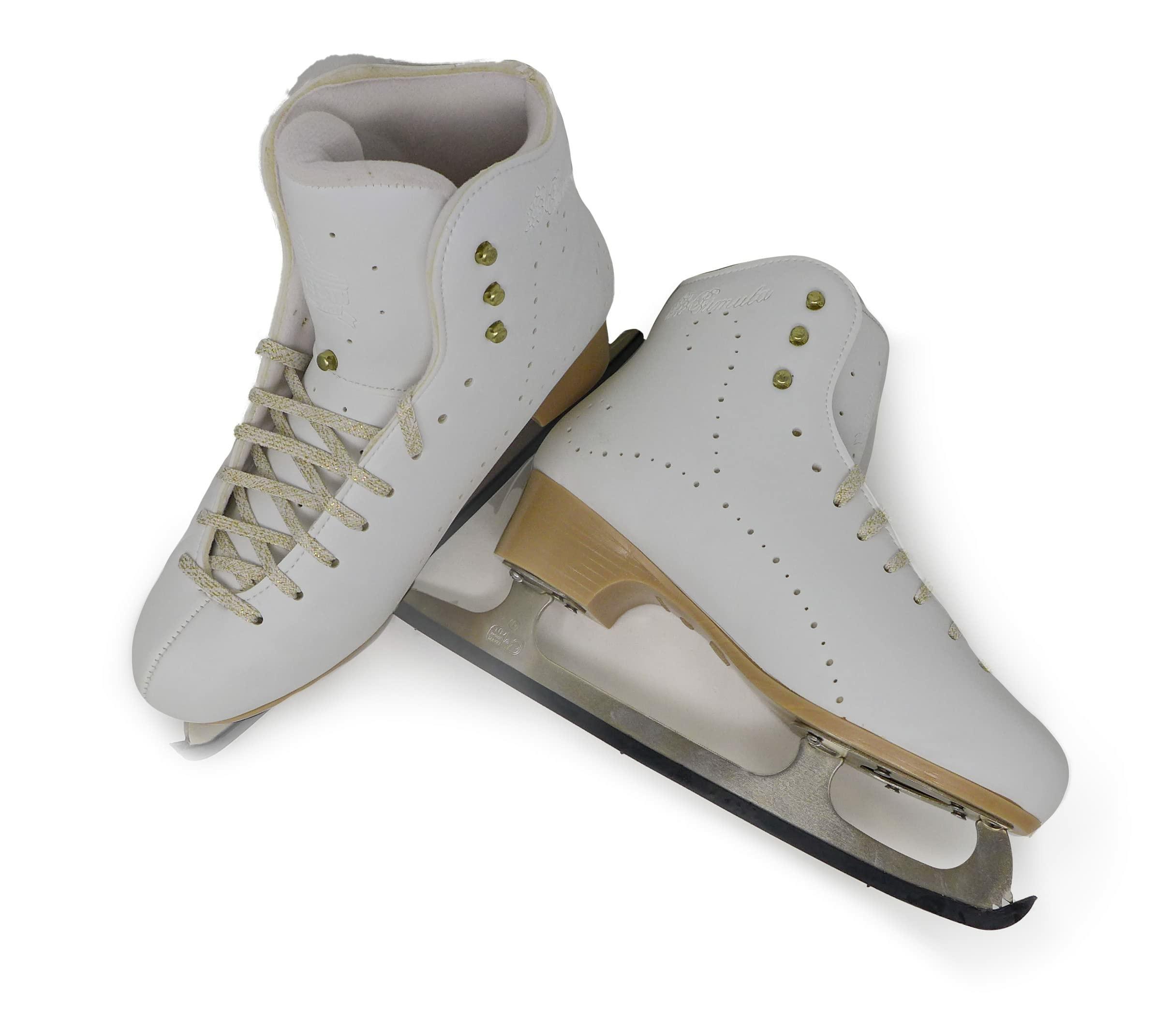 Belati Primula Women’s Figure Ice Skates Made in Italy 328 Pair of Belati Primula skates with primrose cuff embossing and blade guards