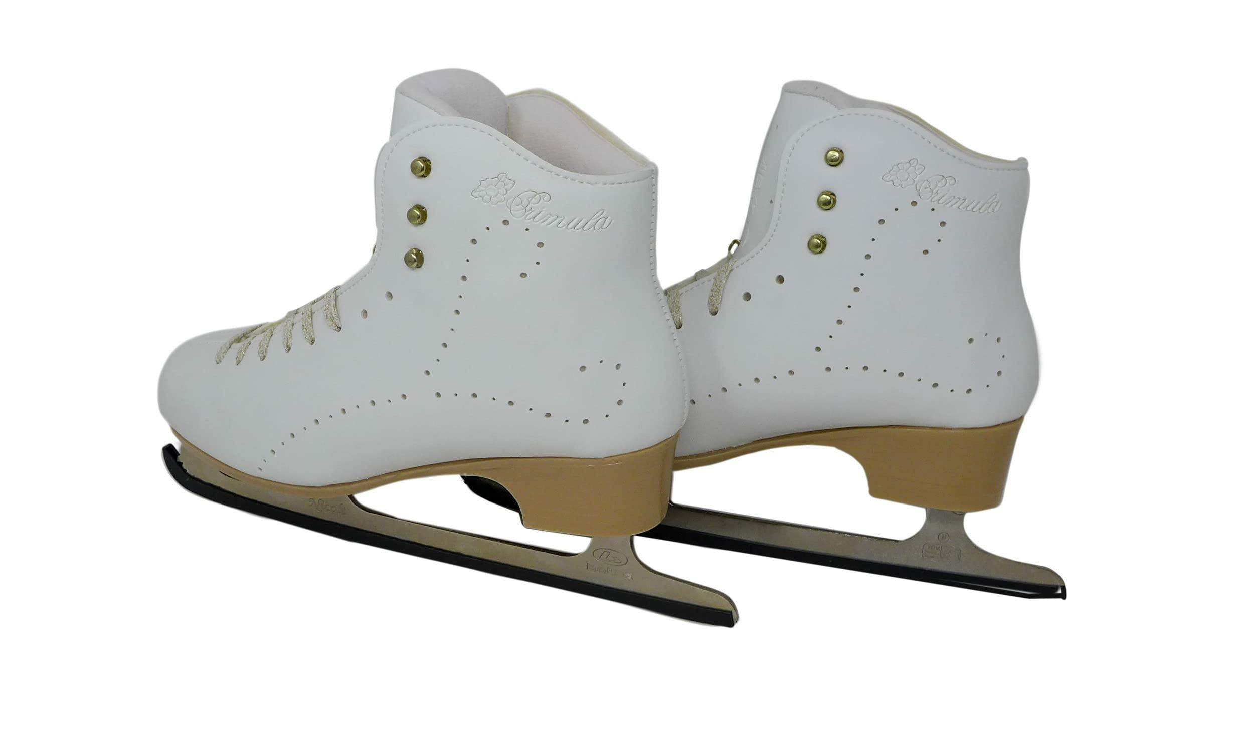 Belati Primula Women’s Figure Ice Skates Made in Italy 330 Rear view of Belati Primula skates with Primula script and beige heels