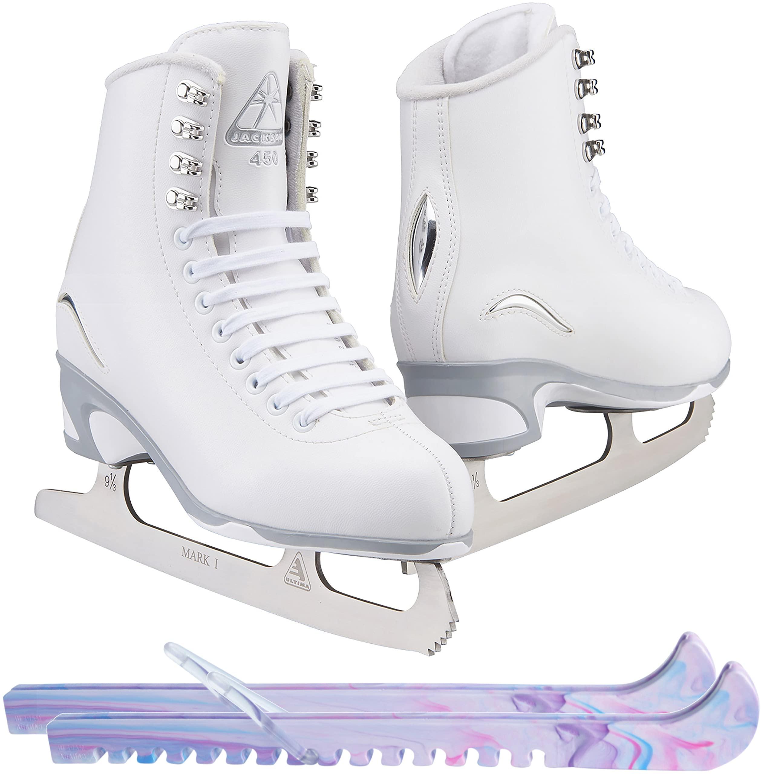 Jackson Finesse JS450 Ice Skate Bundle — Skate guards 2 Jackson Ultima White Figure Ice Skates for Women/Adult 4 Bundle with Guardog Berry Blend Swirlz Skate Guards