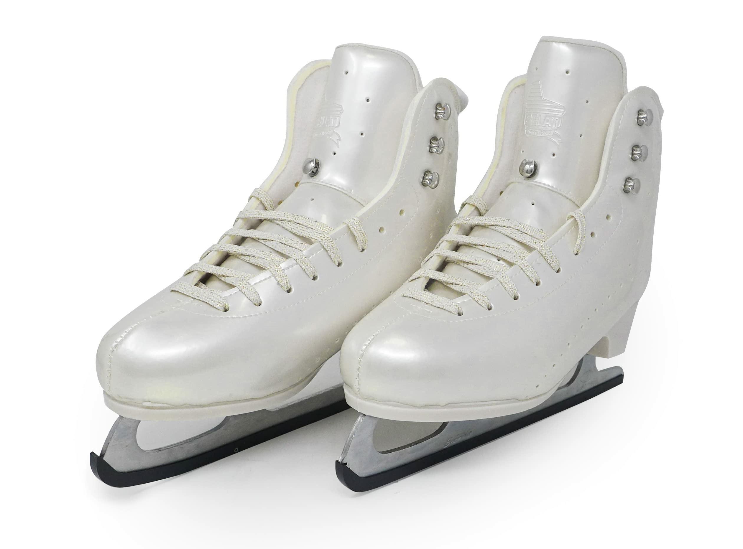 Belati Iris Perla Women’s Figure Ice Skates Made in Italy 255 Front view of Belati Iris Perla boots with Belati crest tongues and champagne laces