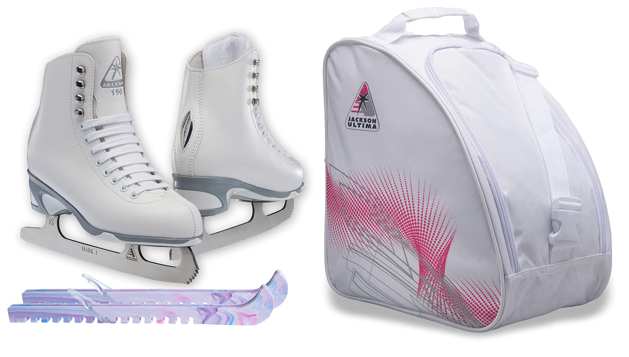 Jackson Finesse JS150 Ice Skate Bundle — White — Guardog 870 guards + Pink skate bag Jackson Ultima Finesse JS150 Women's Figure Ice Skates Womens 4 Bundle with Skate Guards and Skating Bag