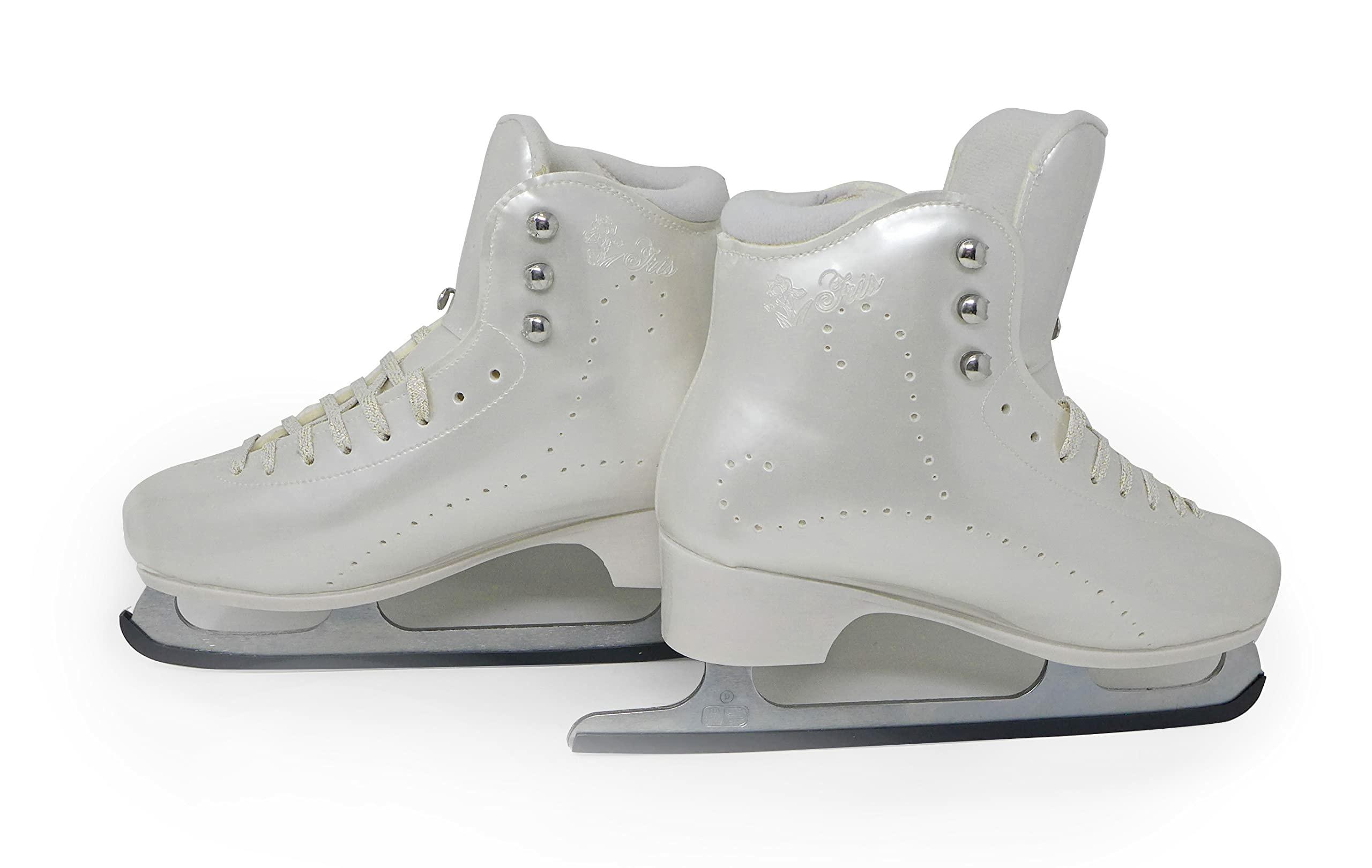 Belati Iris Perla Women’s Figure Ice Skates Made in Italy 256 Side pair of Belati Iris Perla skates showing grey collar lining and Sabrina blades