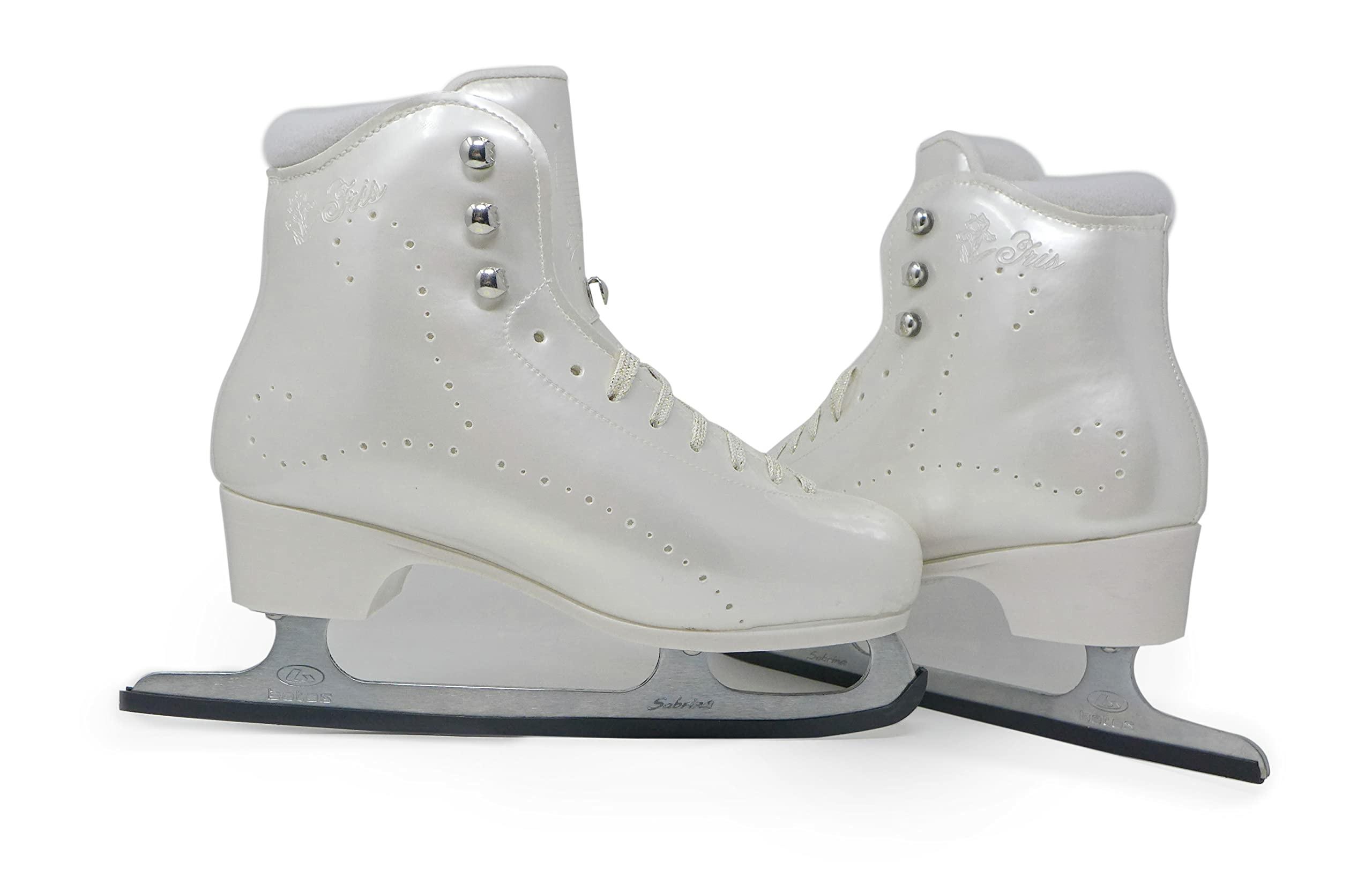 Belati Iris Perla Women’s Figure Ice Skates Made in Italy 254 Iris script and flower embossed on the pearl shell of Belati Iris Perla skates