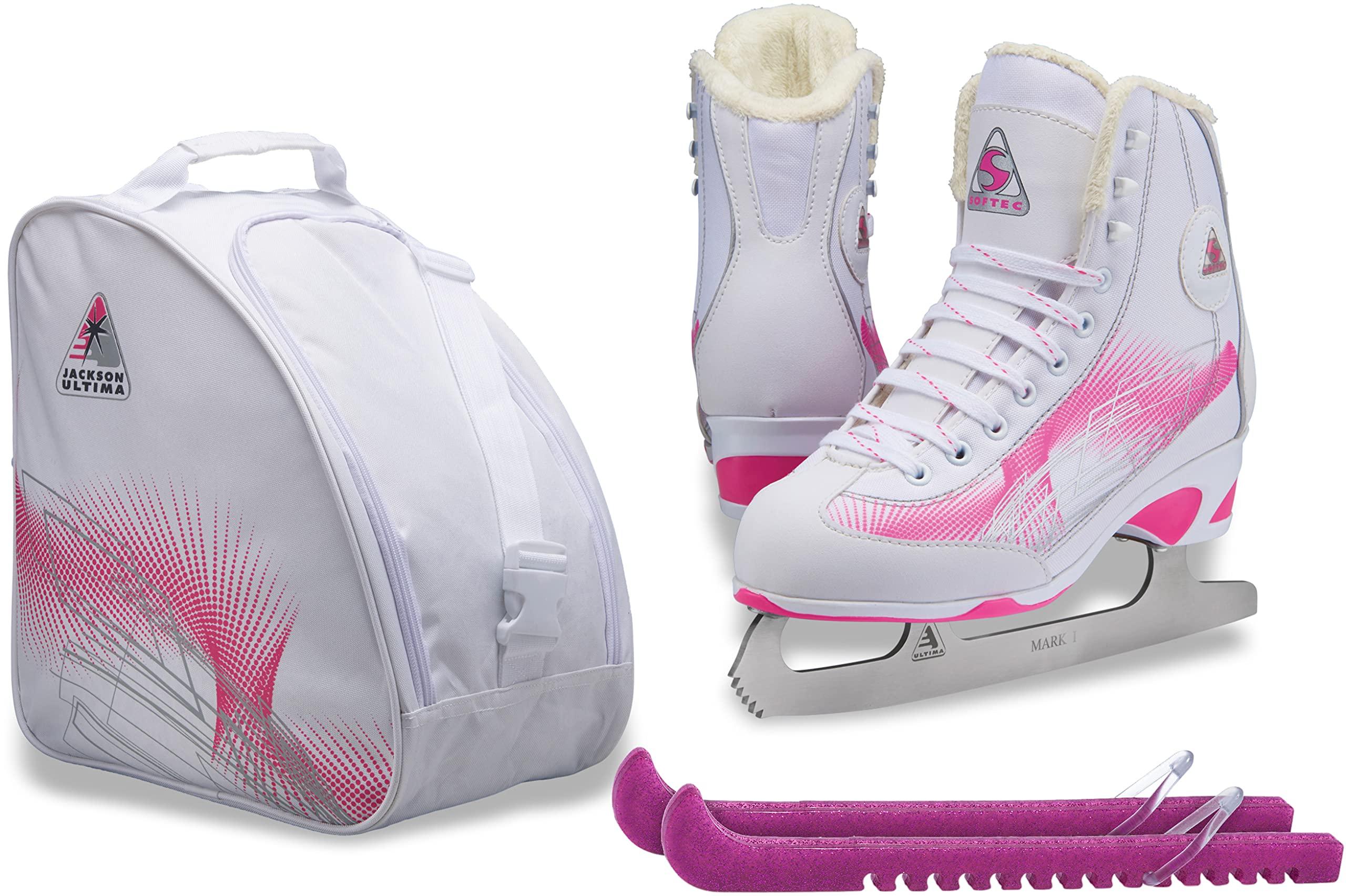 Jackson Softec Rave Ice Skate Bundle — Skate guards + skate bag Jackson Ultima Rave RV2000 Women's Figure Skates White/Pink, Size: Adult 4 Bundle with Free Bag and Guardog Skate Guards
