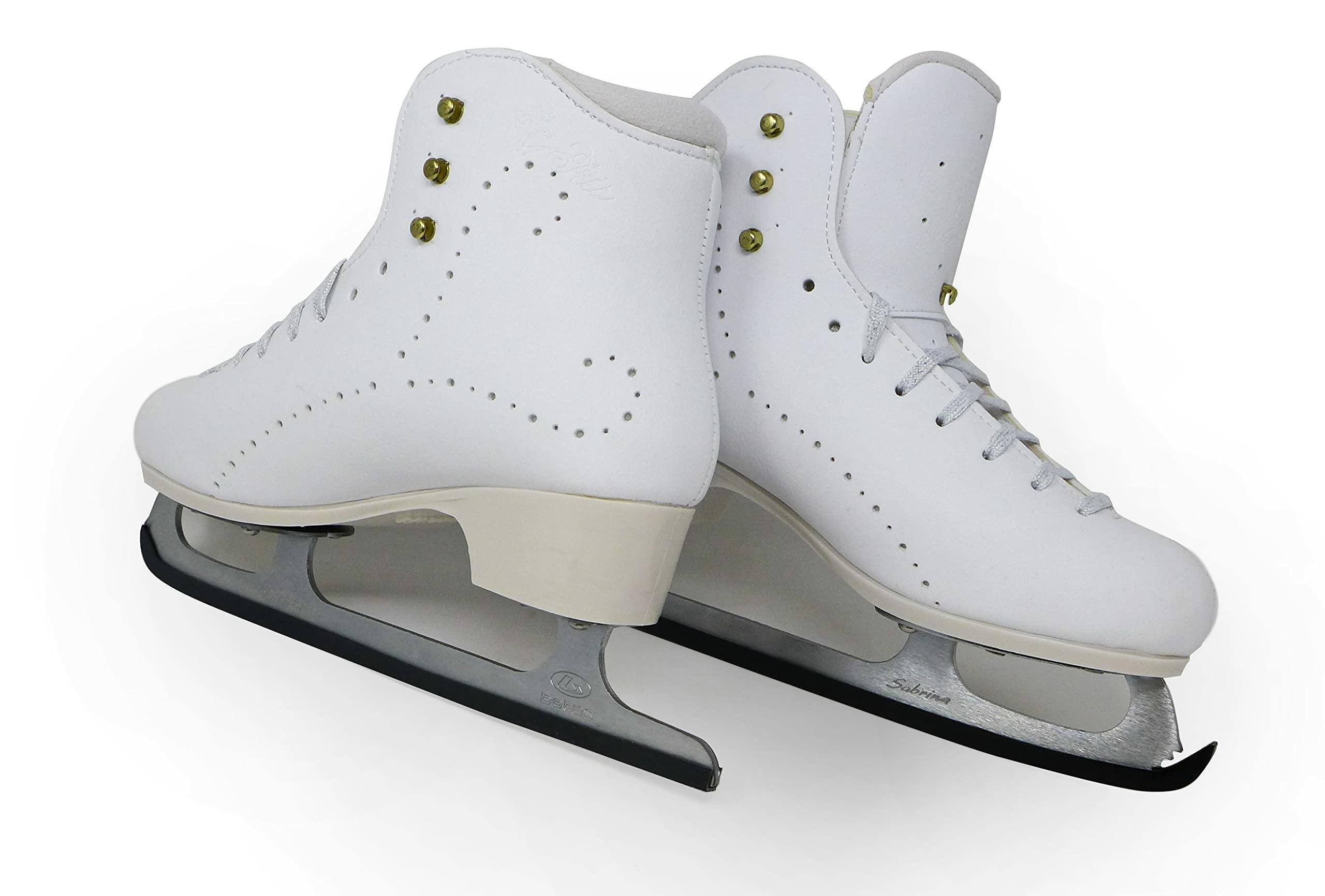 Side view of Belati Iris Microfiber skates showing the Sabrina blade etching