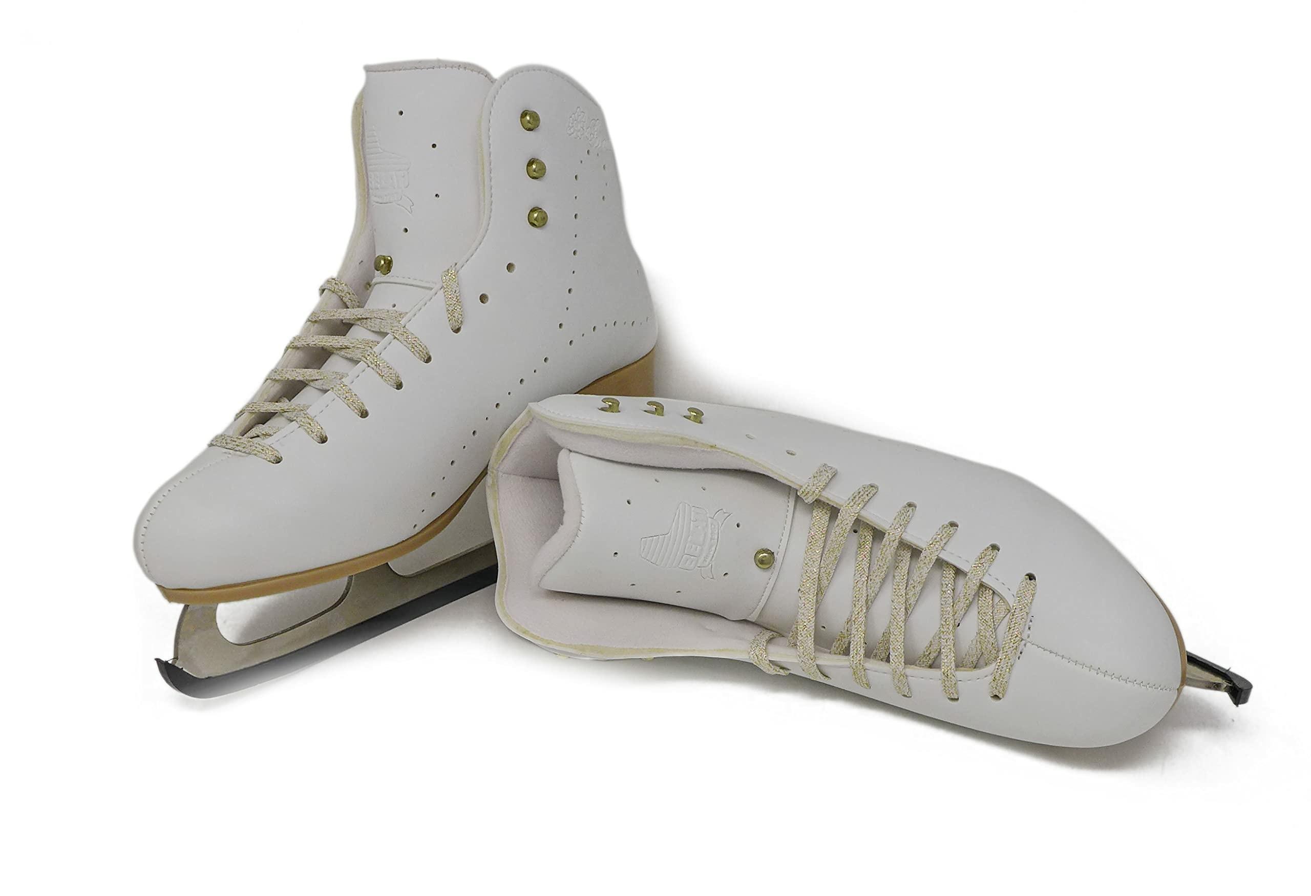 Belati Primula Women’s Figure Ice Skates Made in Italy 327 Crossed Belati Primula skates showing Primula embossing and gold hooks