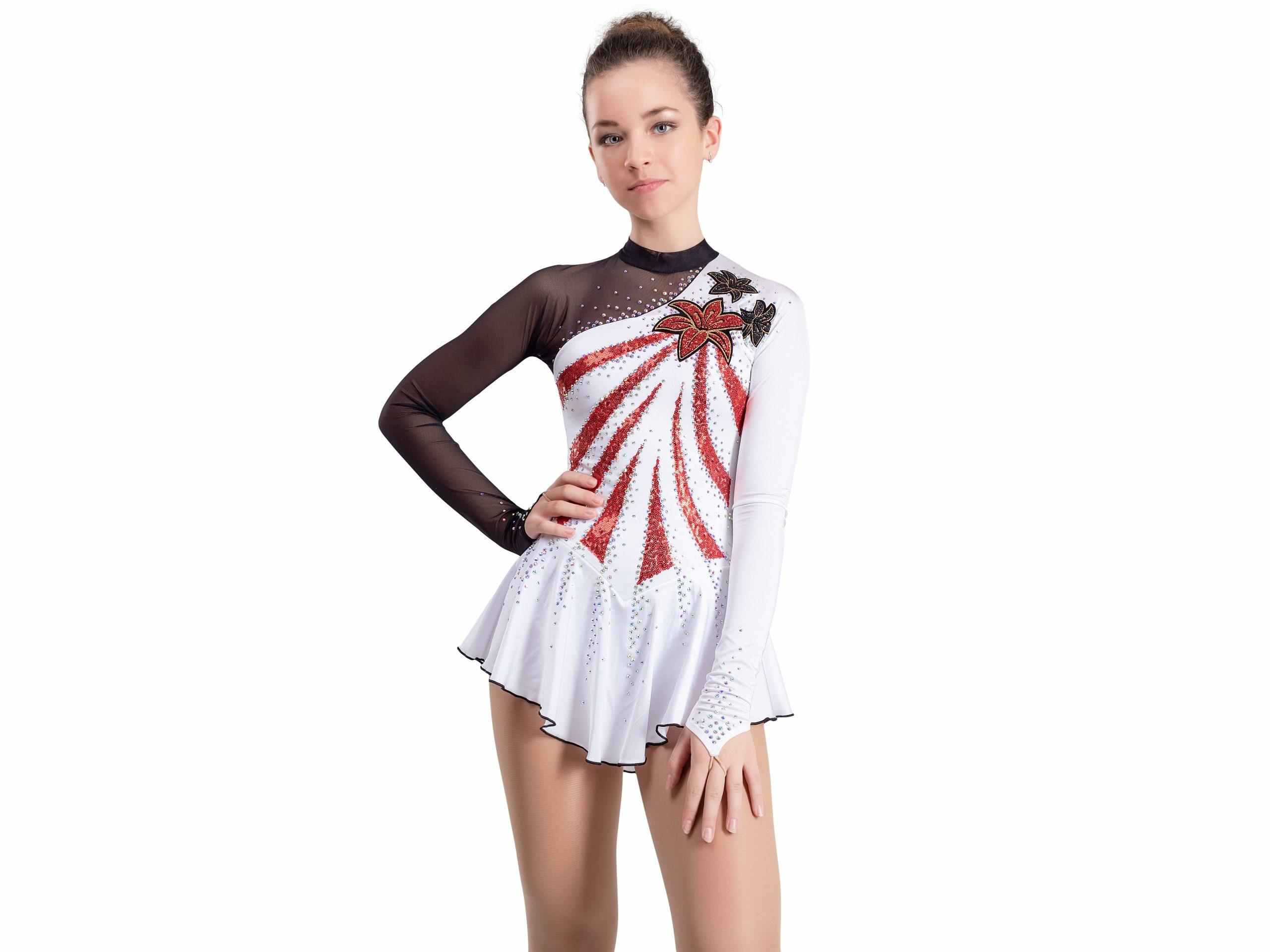 Figure Skating Dress Style A18 White Red Italian Fabric, Handmade 289 Figure Skating Dress Style A18 White Red Italian Fabric, Handmade 289