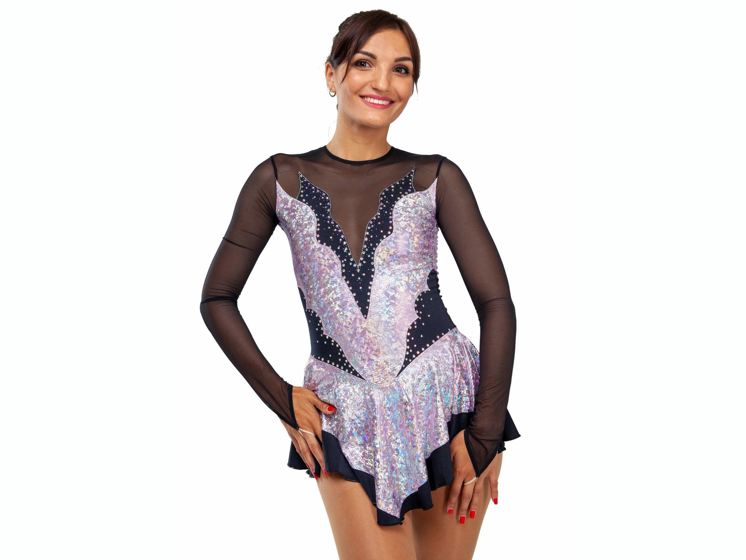 Figure Skating Dress Style A14 Pink/Silver Hologram Italian Fabric, Handmade 257