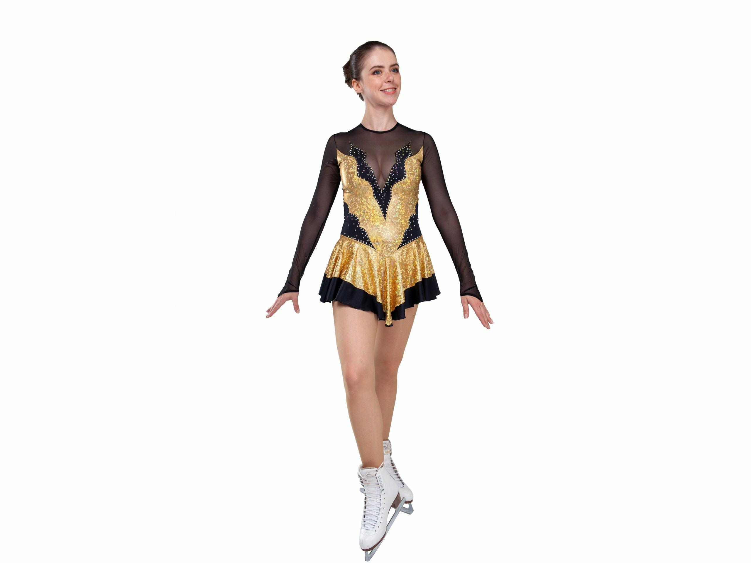Figure Skating Dress Style A14 Gold/Hologram Italian Fabric, Handmade 257
