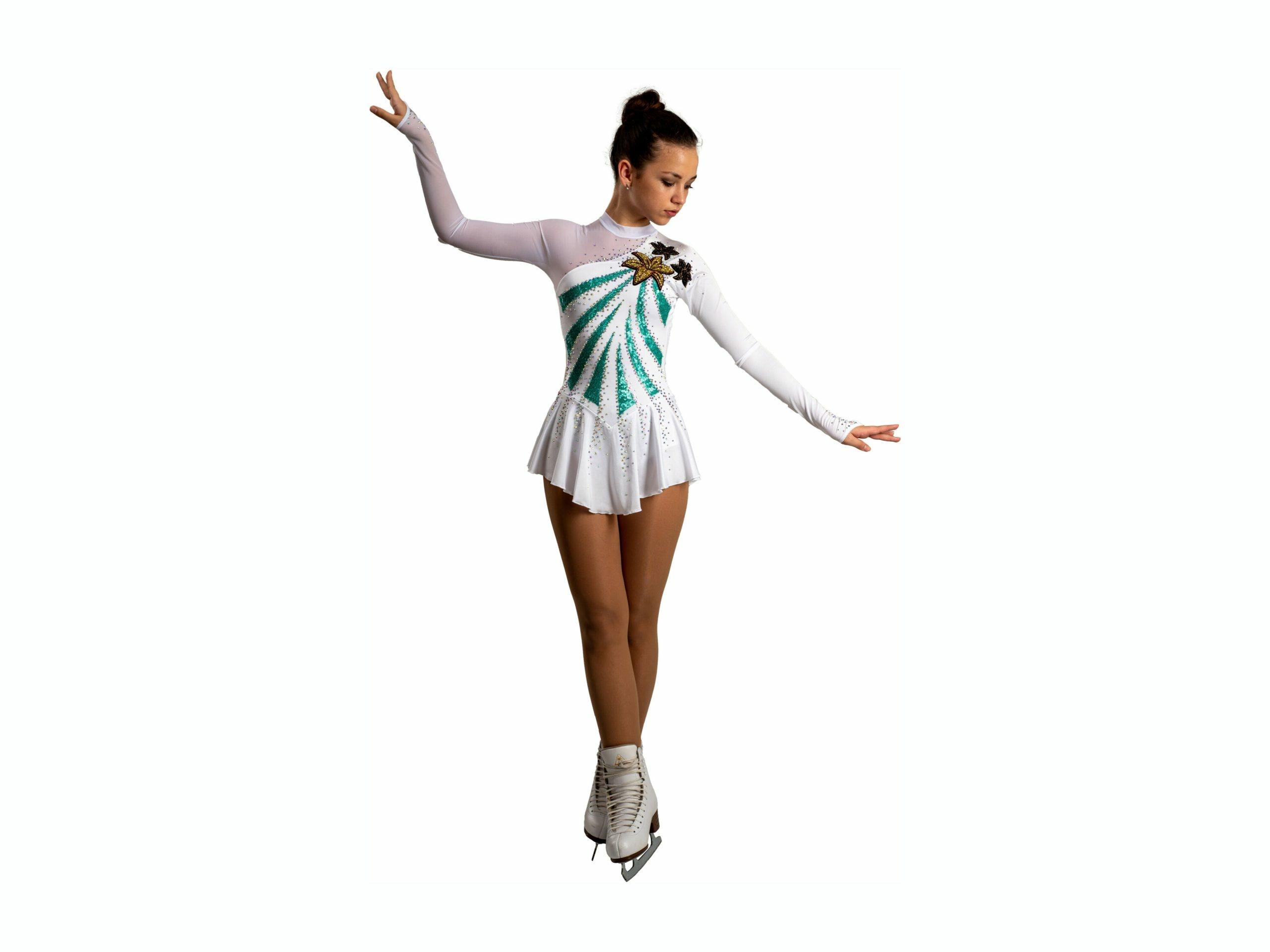 Figure Skating Dress Style A18 White Green Italian Fabric, Handmade 97 Figure Skating Dress Style A18 White Green Italian Fabric, Handmade 97