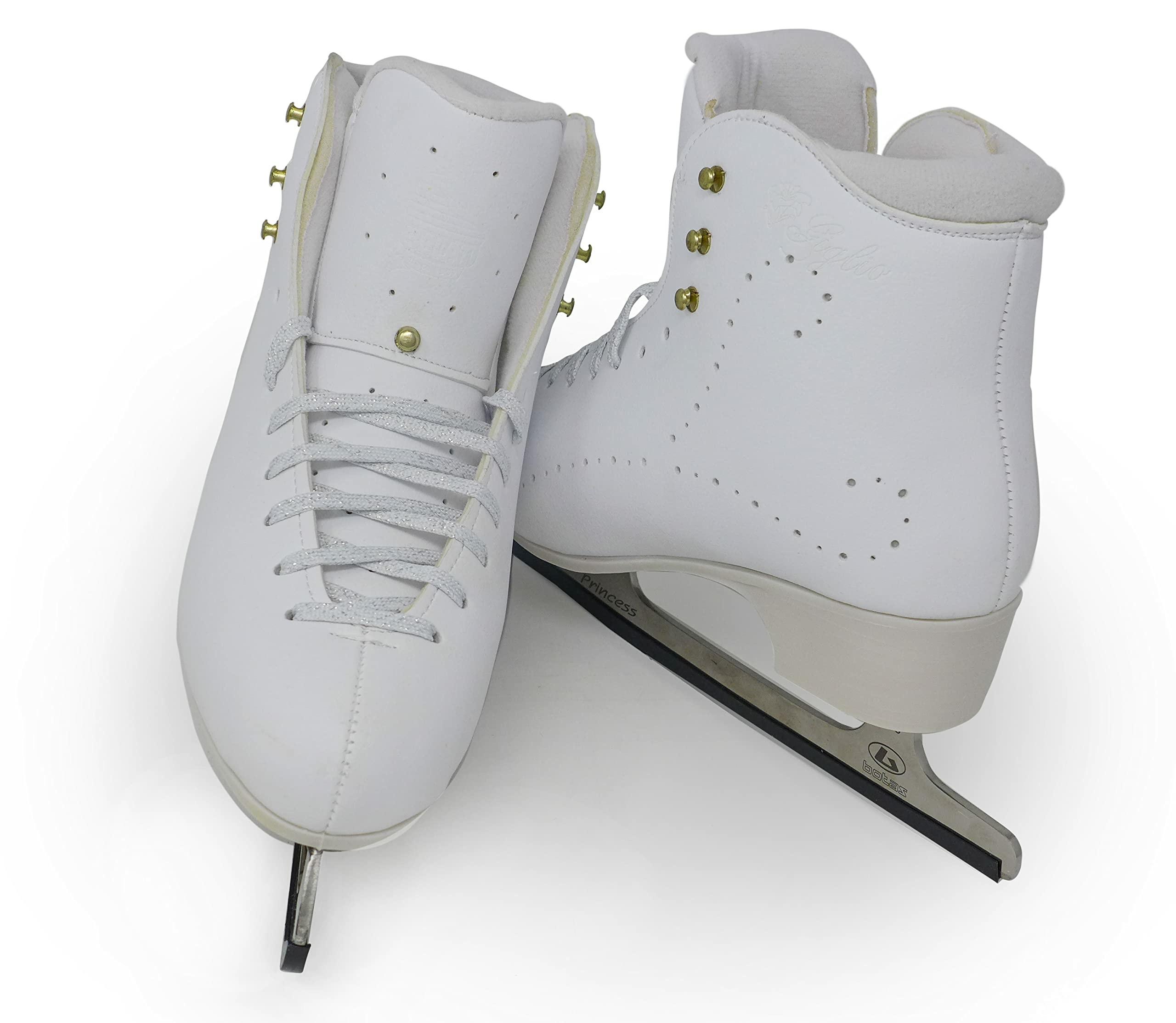Belati Giglio Women’s Figure Ice Skates Made in Italy 332 Top view of Belati Giglio skates showing toe picks and Princess blade etching