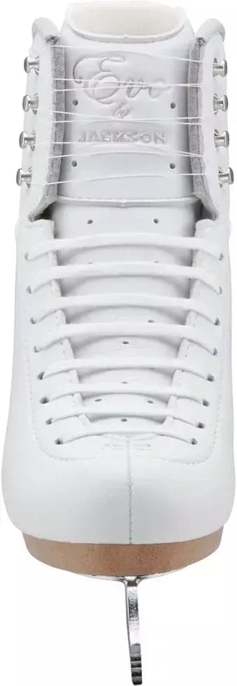 Jackson Ultima Evo Fusion FS2020 Women’s and Girls’ Figure Skates 2 Front view of the Jackson Evo FS2020 boot showing the covered tongue, lace slits and four pairs of hooks