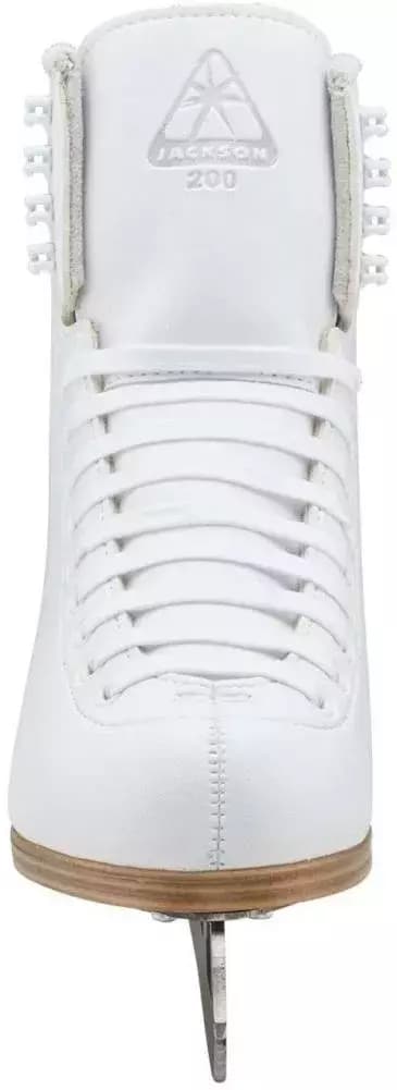 Jackson Ultima Classic 200 Women’s and Girls’ Ice Skates Mark I Blade 3 Front view of the Jackson Ultima Classic 200 showing the laced instep, embossed Jackson 200 tongue logo and lace hooks