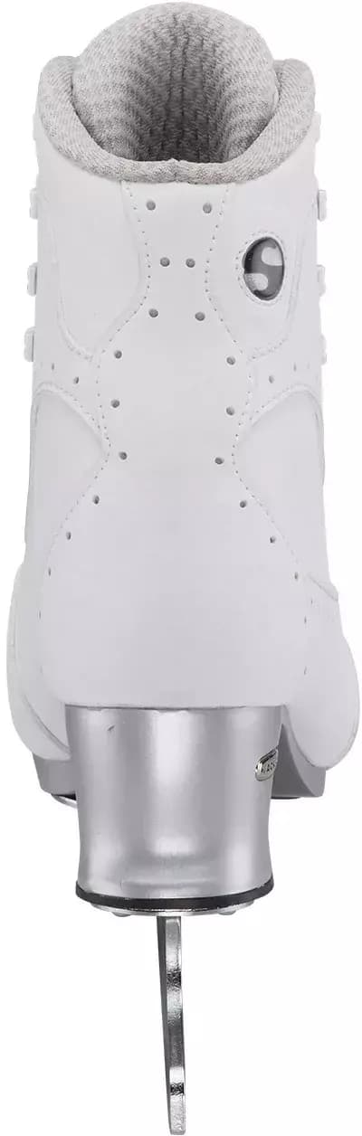Jackson Ultima Softec Elite ST7200 Women’s Ice Skates / White 5 Back of the white Softec Elite ST7200 showing the gray knit collar lining and smooth silver heel
