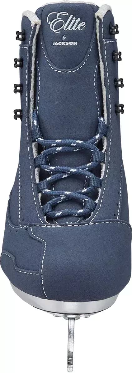 Jackson Ultima Softec Elite ST7200 Women’s Ice Skates / Navy 4 Navy Softec Elite ST7200 front view with navy-and-white speckled laces and four pairs of lace hooks