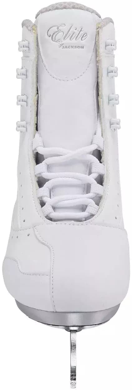 Jackson Ultima Softec Elite ST7200 Women’s Ice Skates / White 4 Front of the white Softec Elite ST7200 with the Elite by Jackson script on the tongue and white lace hooks
