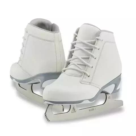 Jackson Softec DIVA DV3000 women's ice skates in white, pair shown from the side and front with Ultima Mark I blades