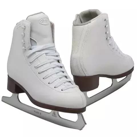 GAM Pirouette G0171 Girls’ Figure Skates GAM Pirouette G0171 white girls' figure skates with brown stacked heels and Ultima Mark II blades