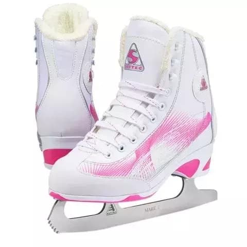 Jackson Ultima Softec RAVE RV2000 ice skates in white with the pink graphic print, three lace hooks a side and Ultima Mark I blade