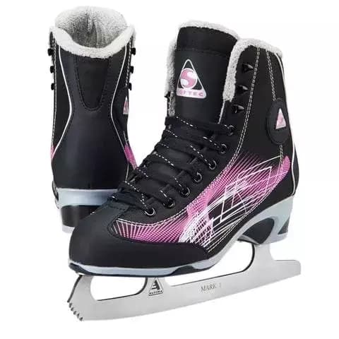 Jackson Ultima Softec RAVE RV2000 ice skates in black with the purple graphic print, fleece-lined collar and Ultima Mark I blade