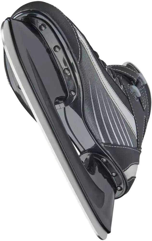 Underside of the Softec Sport ST6102 black plastic hockey blade holder and its stainless steel runner