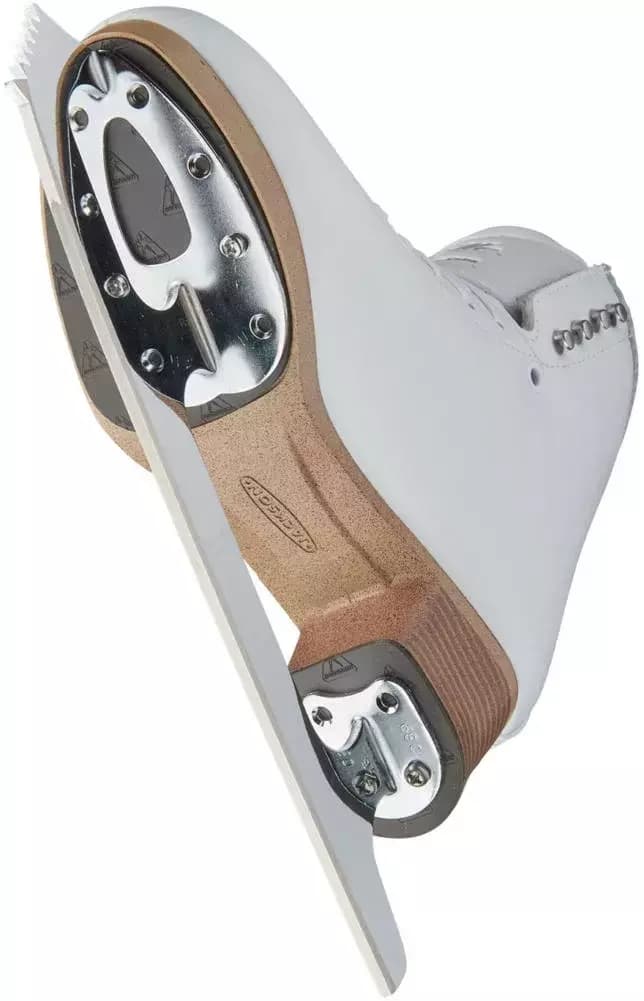 Jackson Ultima Elle FS2130 sole view: tan nylon-composite Fusion sole with rubber inlay and screw-mounted Ultima Mirage blade plates