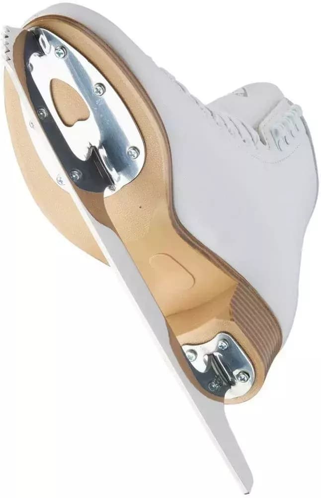 Jackson Ultima Classic 200 Women’s and Girls’ Ice Skates Mark I Blade 4 Underside of the Jackson Ultima Classic 200 showing the antique tan PVC outsole and chrome blade plates screwed in place