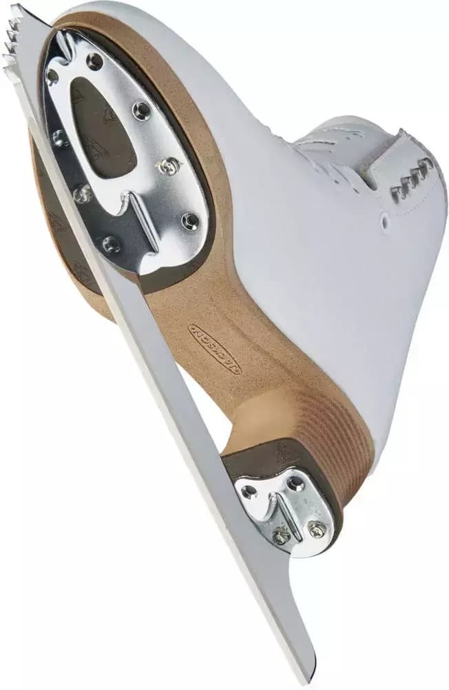 Jackson Ultima Freestyle Fusion FS2190 Mark II Blades Women’s and Girls’ Ice Skates 4 Underside of the Freestyle Fusion FS2190 Mark II showing the tan Fusion sole and the screw-mounted blade plate