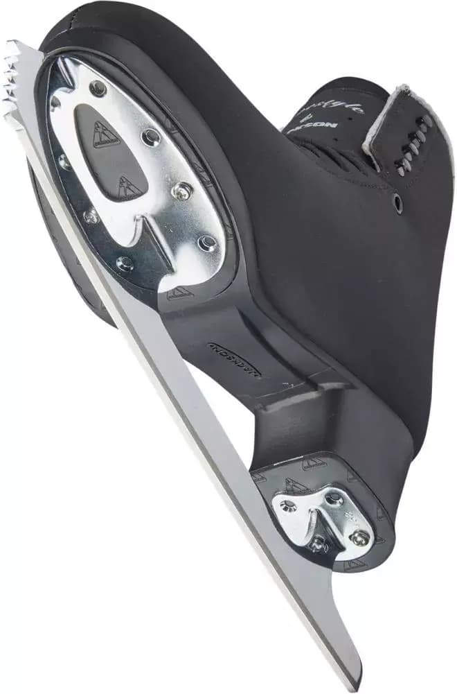 Jackson Ultima Freestyle Fusion FS2192 Mark II Blades Men’s and Boys’ Ice Skates 4 Underside of the Freestyle Fusion FS2192 Mark II showing the black Fusion sole, rubber inlay and screw-mounted blade plate