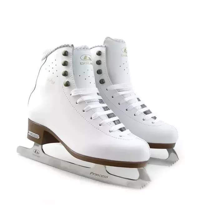 BOTAS Cindy Women’s and Girls’ Figure Skates 4 Pair of BOTAS Cindy white leather figure skates from the front, showing the white laces, eyelets, ankle hooks and toe picks
