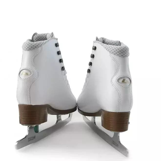 BOTAS Cindy Women’s and Girls’ Figure Skates 5 Rear view of BOTAS Cindy figure skates showing the elastic cuff, botas heel badge, brown stacked heel and the TÜV mark etched on the blades
