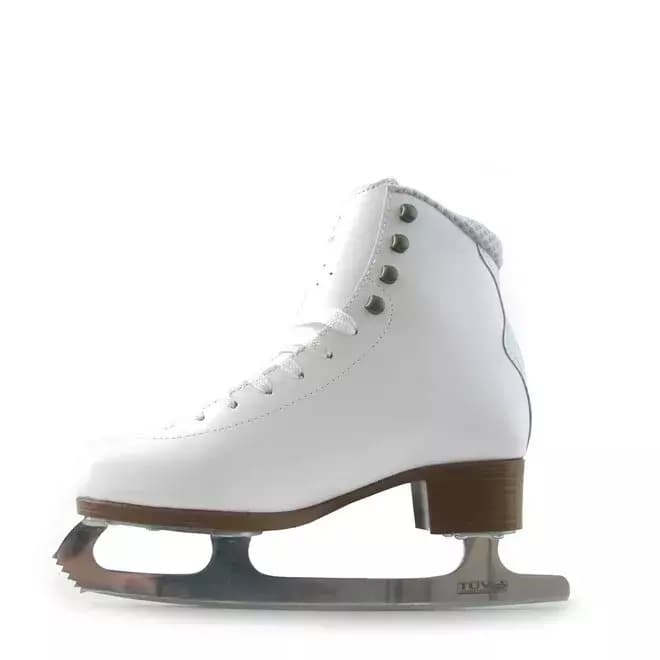 BOTAS Cindy Women’s and Girls’ Figure Skates 7 BOTAS Cindy white figure skate from the inner side, showing the padded ankle, vent holes and stacked brown heel