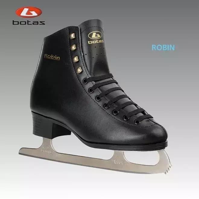 Botas Robin black figure skate with gold Robin lettering and Botas tongue crest