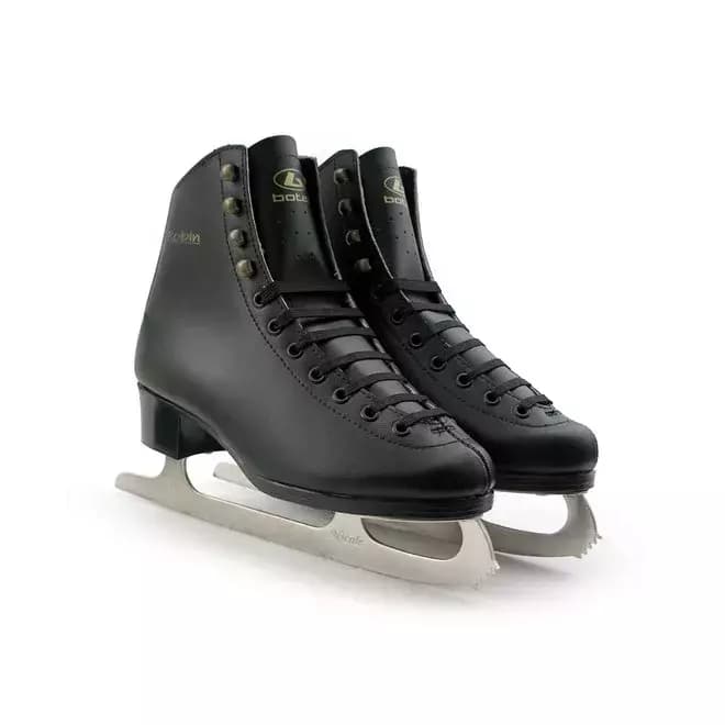 Pair of Botas Robin black figure skates with Nicole blades, front view
