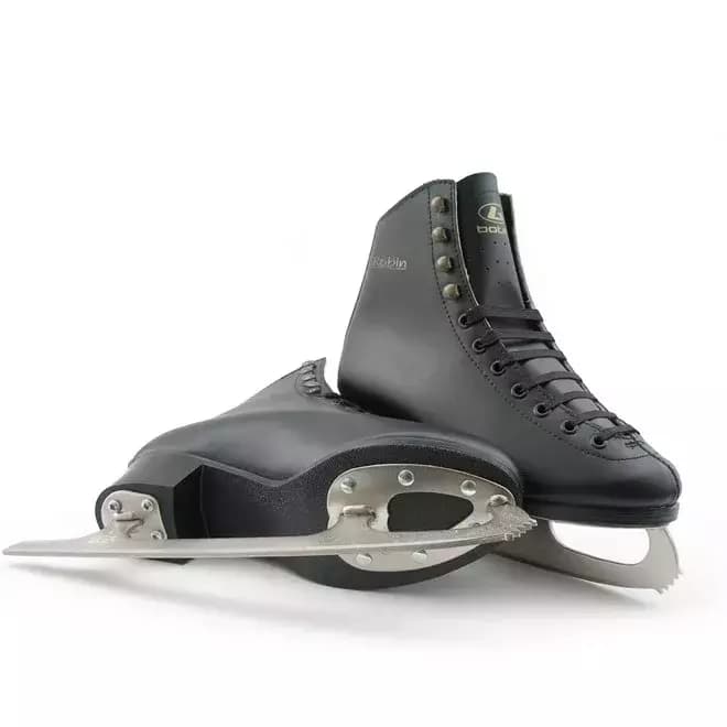 Pair of Botas Robin black figure skates, one on its side showing the screw-mounted blade