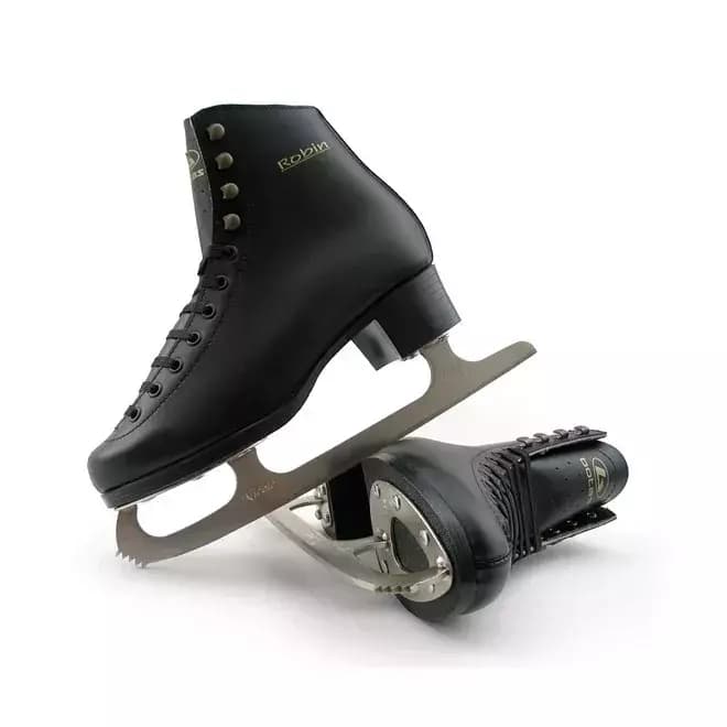 Botas Robin skates, one showing the underside blade mounting plates