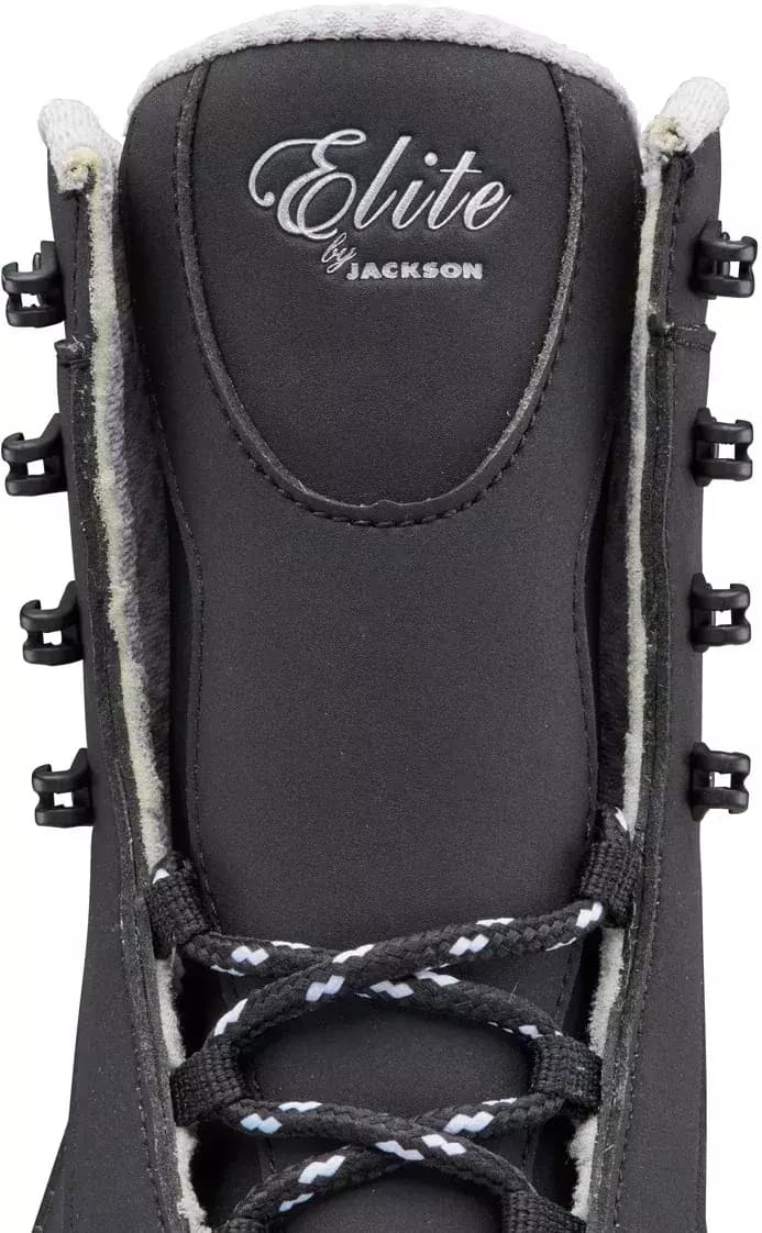 Jackson Ultima Softec Elite ST7202 Men’s Ice Skates 7 Close-up of the Elite by Jackson tongue logo on the Softec Elite ST7202 with black-and-white speckled laces