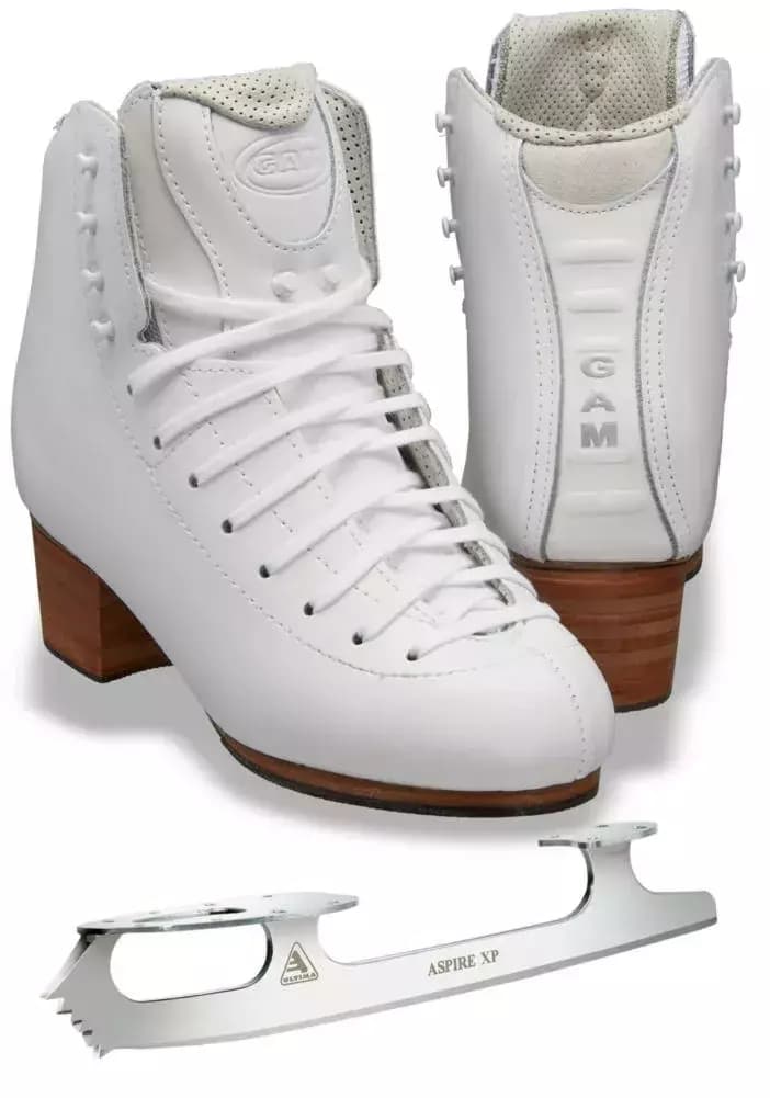 White GAM Silver Label G0780 figure skating boots with separate Ultima Aspire XP blade