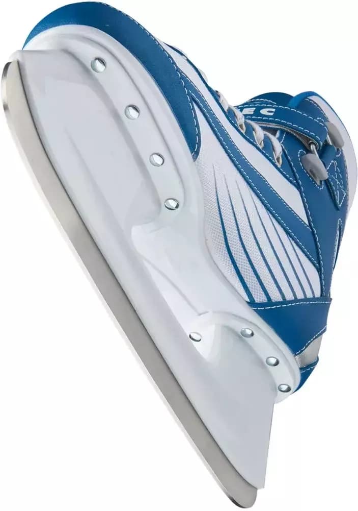 Jackson Ultima Softec Sport ST6100 / ST6101 Women’s and Girls’ Ice Skates with Hockey Blade 7 Underside of the Softec Sport ST6100 white plastic hockey blade holder and its stainless steel runner