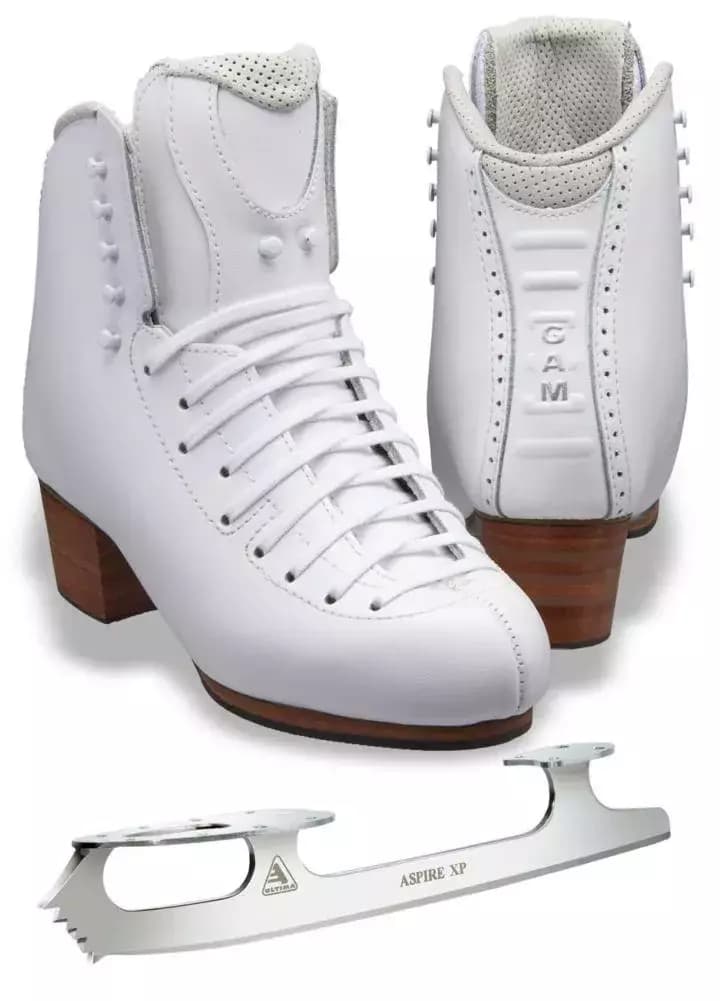 White GAM Gold Label G0980 figure skating boots with separate Ultima Aspire XP blade