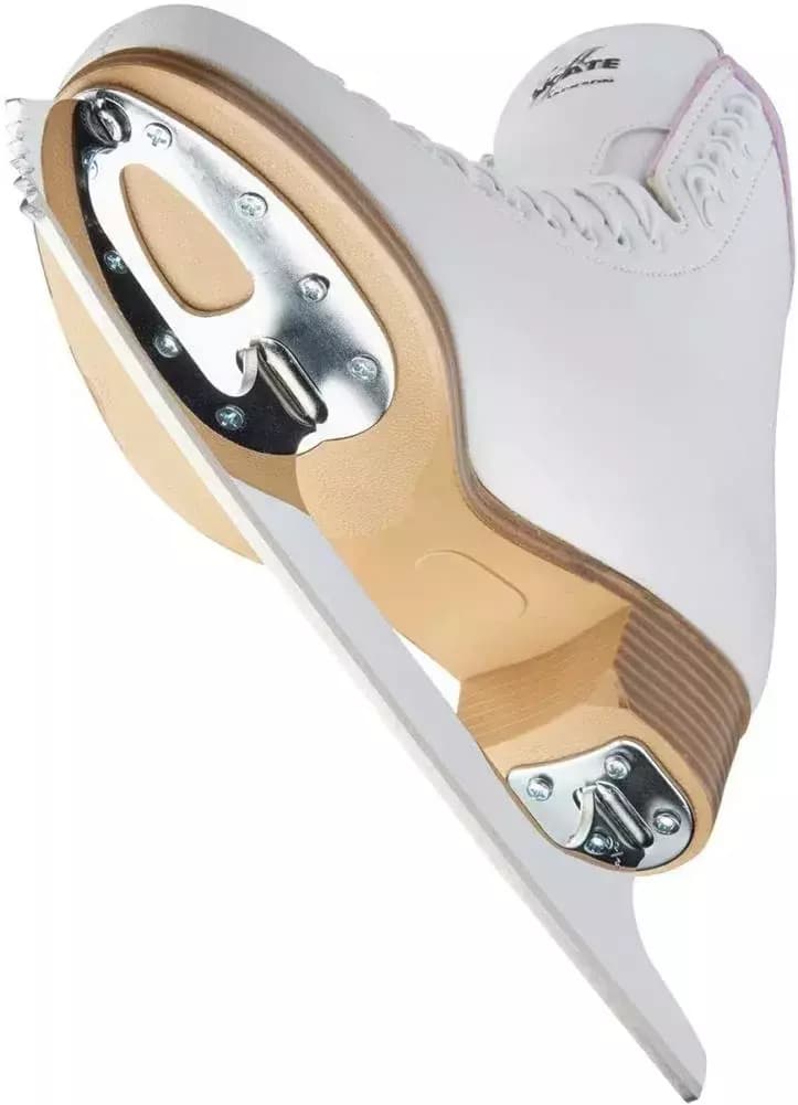 Underside of the Jackson SoftSkate 380 showing the antique tan PVC outsole and the chrome toe and heel blade plates