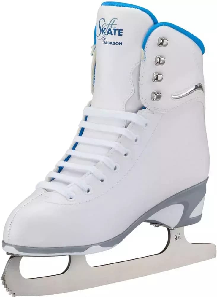 Jackson SoftSkate JS180 pair angled inward, showing the padded tongue and chrome lace hooks